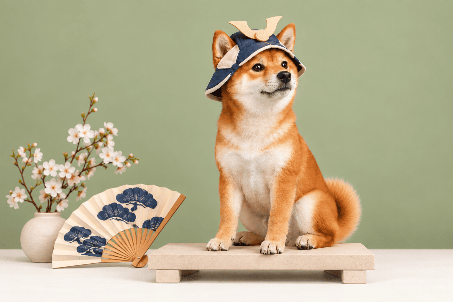 Shiba inu v jemne ladenom japonskom tematickom štúdiu